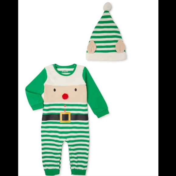 NEW Holiday unisex  cozy Elf baby romper with matching hat size 12 months - Picture 3 of 17